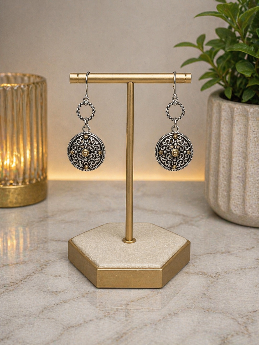2-Tone Vintage-Inspired Filigree Drop Earrings Nickel Free-CO-05
