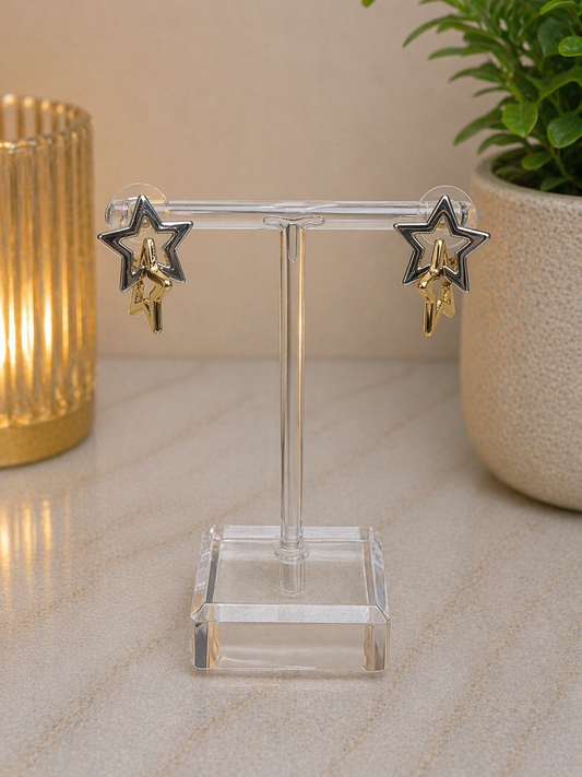 Two-Tone Layered Star Drop Earrings-Nickel Free CO-06