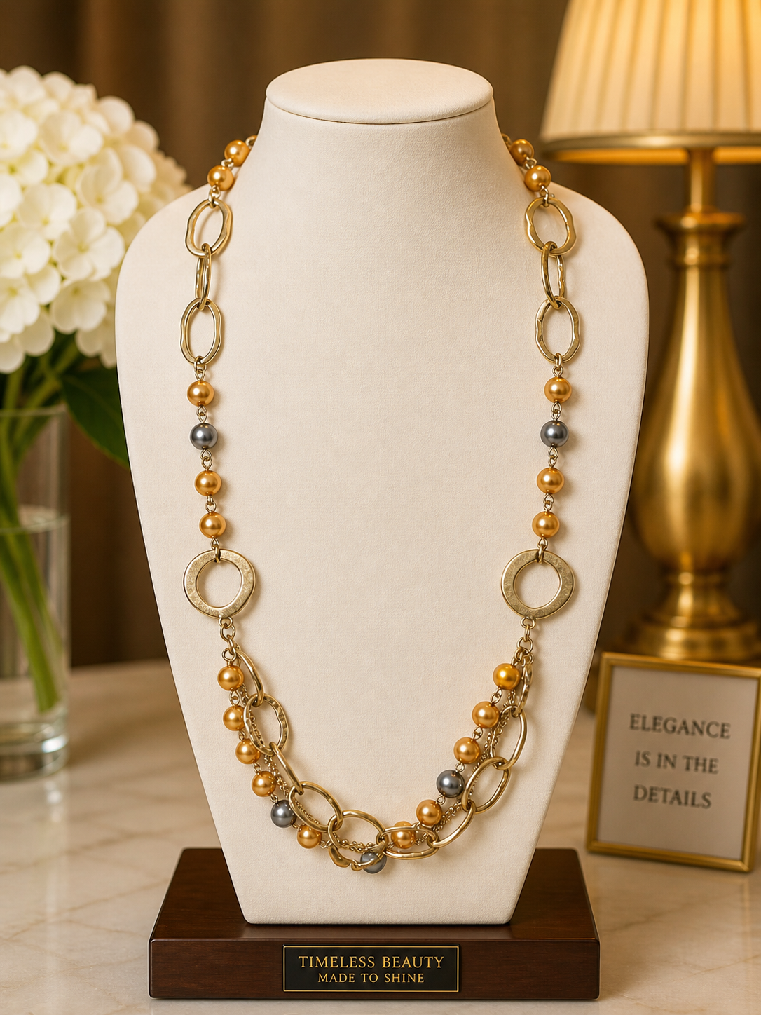 Golden Glow Mixed Bead & Link Statement Necklace