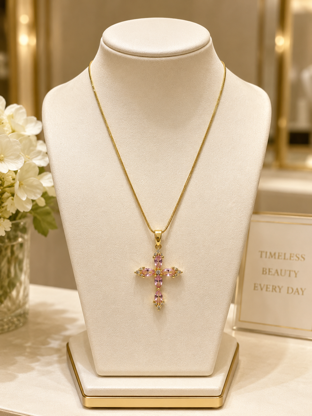 Pink or Blue CZ Cross Pendant Necklace in 14k Gold Pated