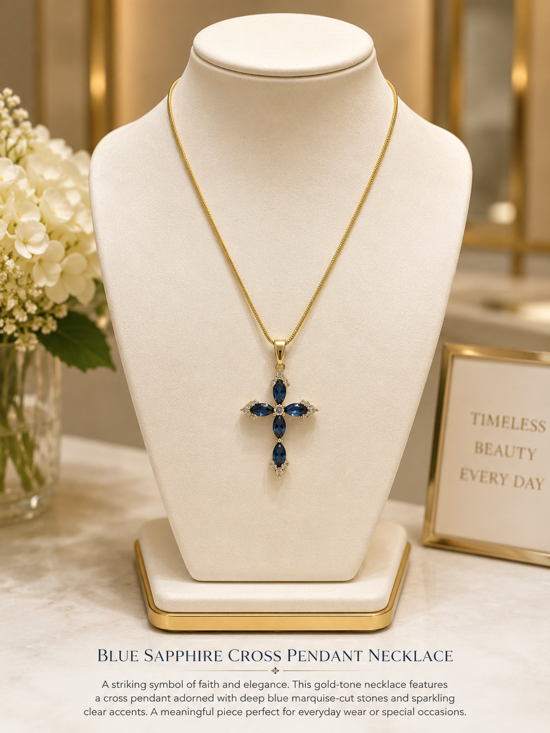 Pink or Blue CZ Cross Pendant Necklace in 14k Gold Pated