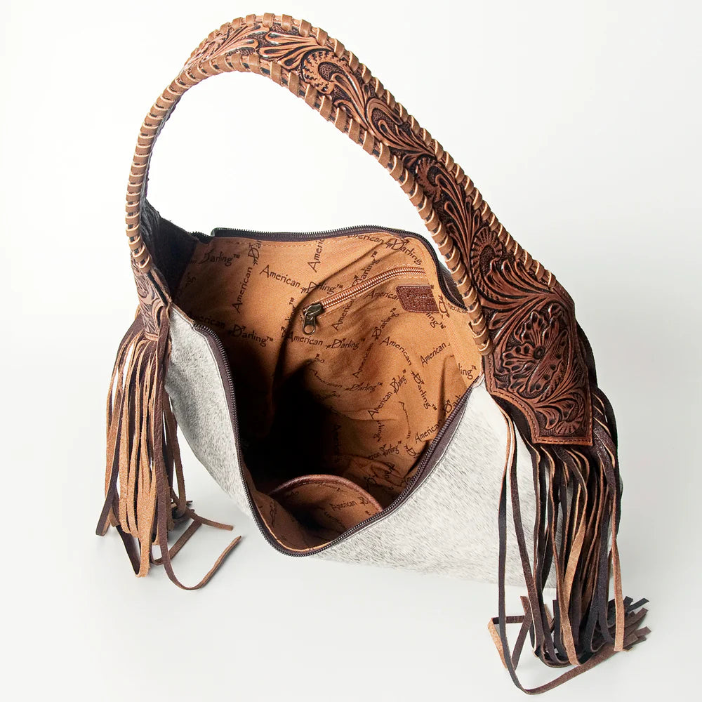 ADBG803E American Darling Handcrafted Cowhide Hobo Bag Tooled Leather Fringe Shoulder Bag