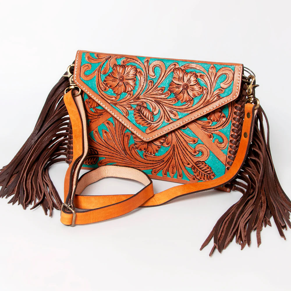 ADBGA178  American Darling Hand Tooled Floral Carved Leather Fringe Envelope Women