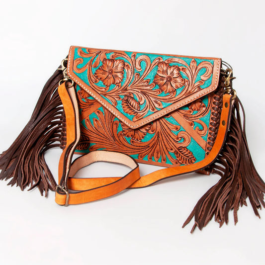ADBGA178  American Darling Hand Tooled Floral Carved Leather Fringe Envelope Women