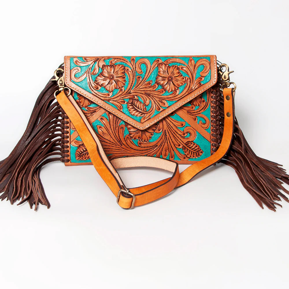 ADBGA178  American Darling Hand Tooled Floral Carved Leather Fringe Envelope Women