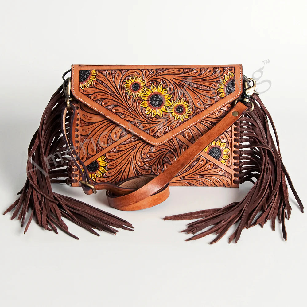 ADBGA124 American Darling Hand Tooled Western Leather Envelope Crossbody Bag With Fringe