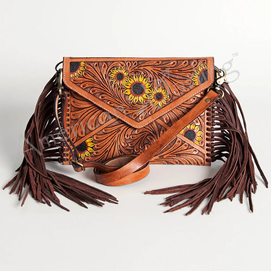 ADBGA124 American Darling Hand Tooled Western Leather Envelope Crossbody Bag With Fringe