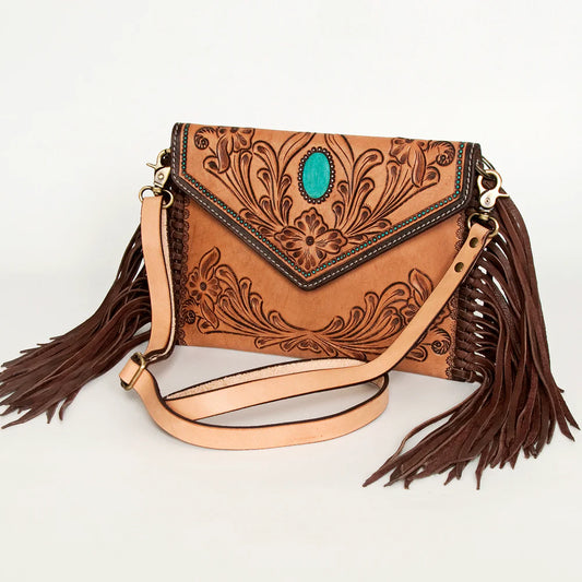 ADBGA290 American Darling Hand Tooled Floral Carved Leather Envelope With Fringes