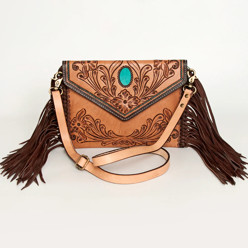 ADBGA290 American Darling Hand Tooled Floral Carved Leather Envelope With Fringes