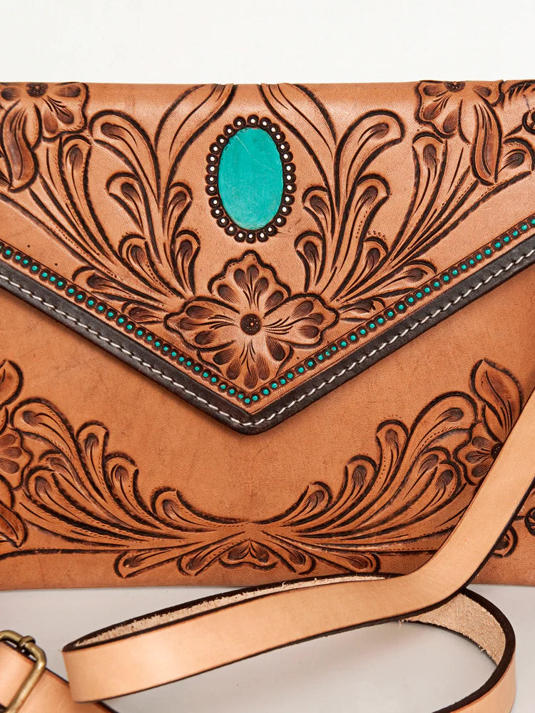 ADBGA290 American Darling Hand Tooled Floral Carved Leather Envelope With Fringes