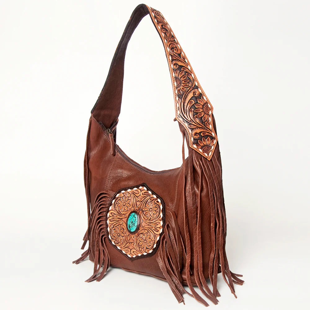 ADBGA219 American Darling Hand Tooled Genuine Leather Hobo Bag Turquoise Concho Fringe