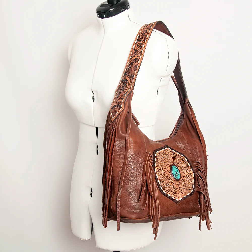 ADBGA219 American Darling Hand Tooled Genuine Leather Hobo Bag Turquoise Concho Fringe