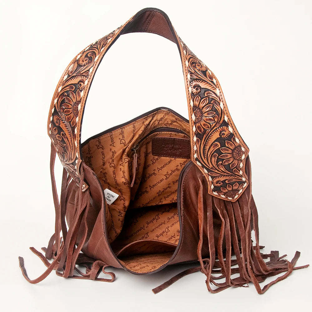ADBGA219 American Darling Hand Tooled Genuine Leather Hobo Bag Turquoise Concho Fringe