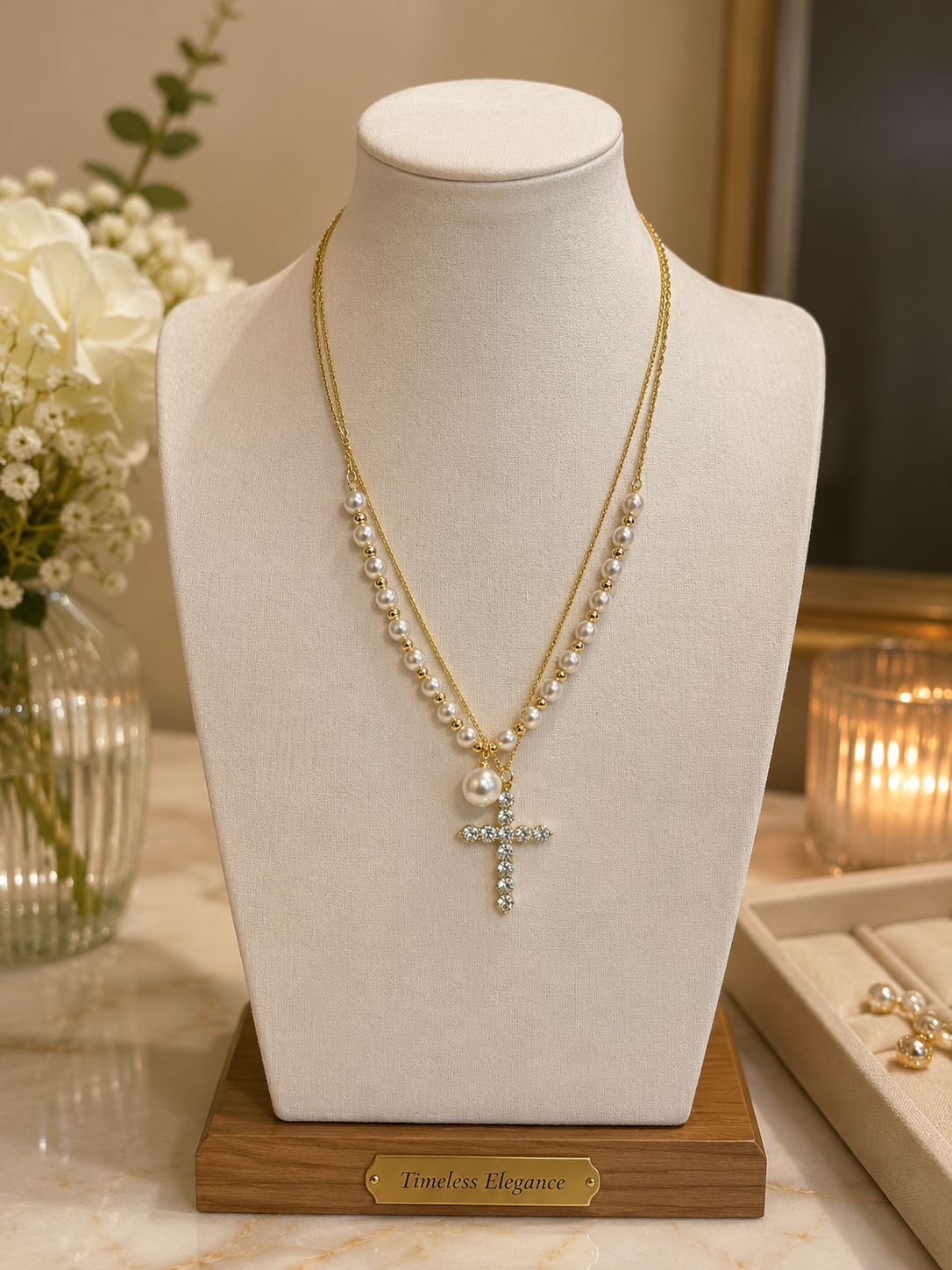 Pearl & CZ Cross Layered 14k Gokd Plated Necklace XP N090101