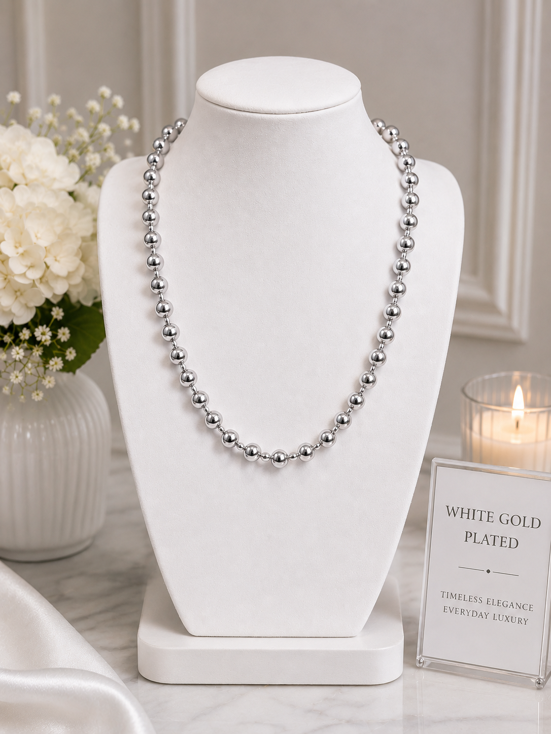 14k 8mm White Gold or Yellow Gold Plated Bead Necklace N070103