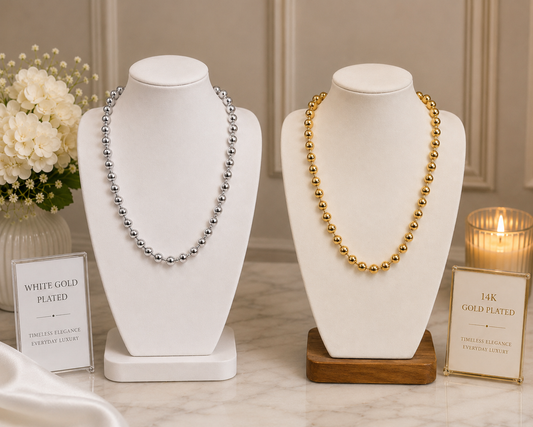 8MM White Gold or Yellow Gold Plated Beaded Necklace N070103