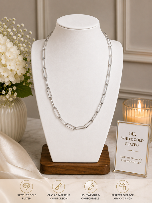 14K White Gold Plated Paperclip Chain Necklace | 18” & 19” Available N050105