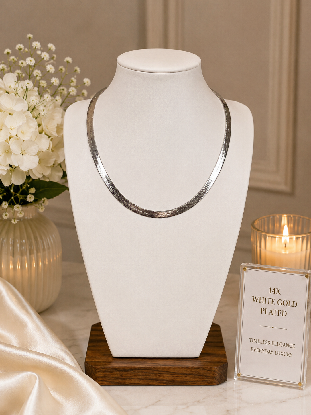 18K White Gold Plated 6mm Herringbone Snake Chain Necklace 16” N070106