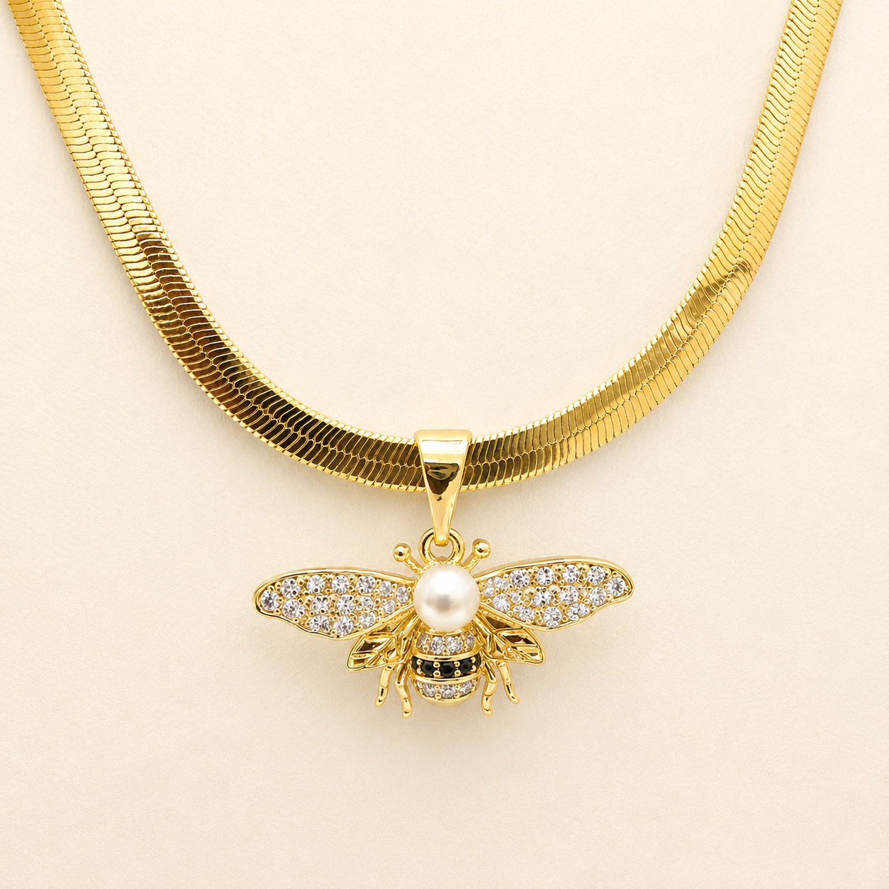 4mm 14K Gold Plated CZ Bee Pendant Herringbone 18”Necklace