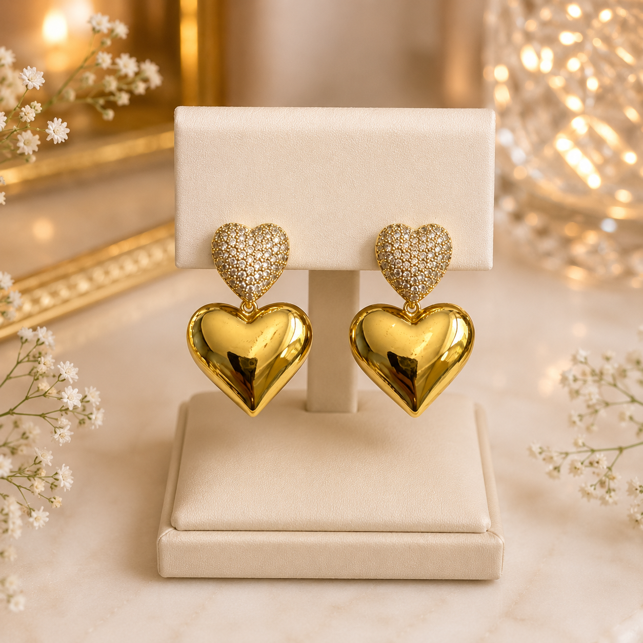 14K Gold Plated Double Heart Drop Earrings with CZ Accents