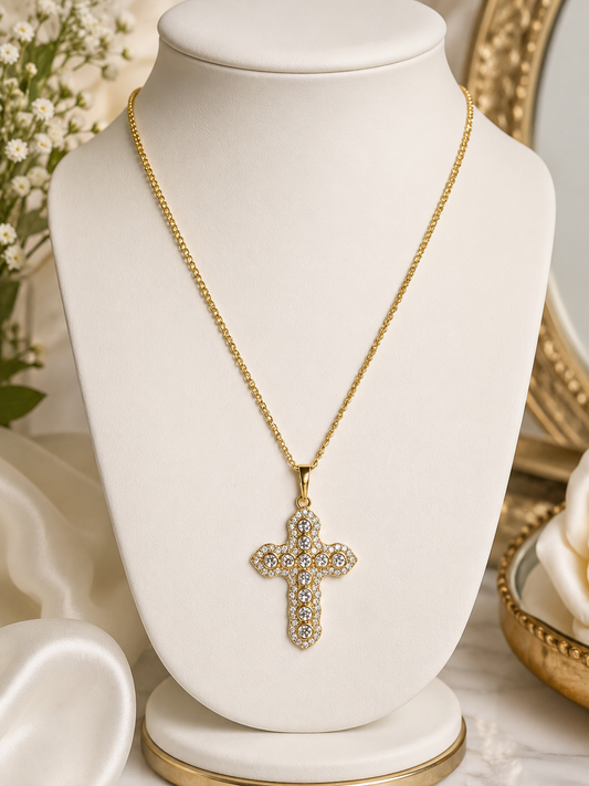 Graceful Shine-14k Gold Plated CZ Cross Necklace 18” 2mm Curbed Link