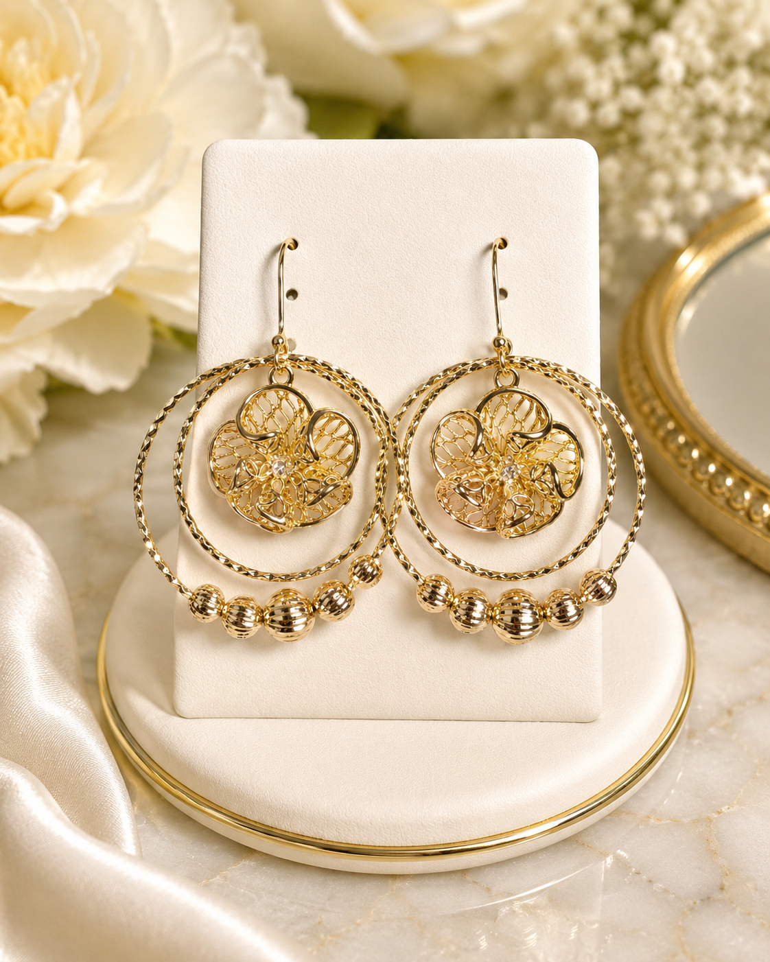 14K Gold Plated Filigree Hoop Drop Earrings – Diamond-Cut Beaded Statement Earrings