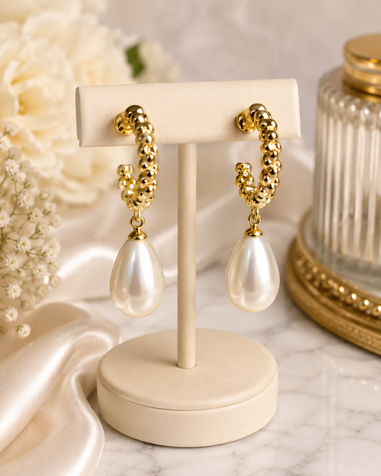 14K Gold Plated Pearl Teardrop Hoop Earrings – Elegant Statement Dangle Earrings