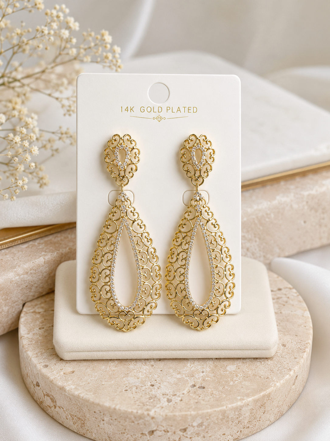14K Gold Plated Filigree Teardrop Dangle Earrings with Crystal Accents