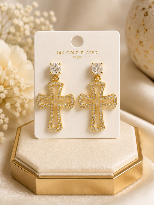14K Gold Plated Top Cz Cross Drop Earrings