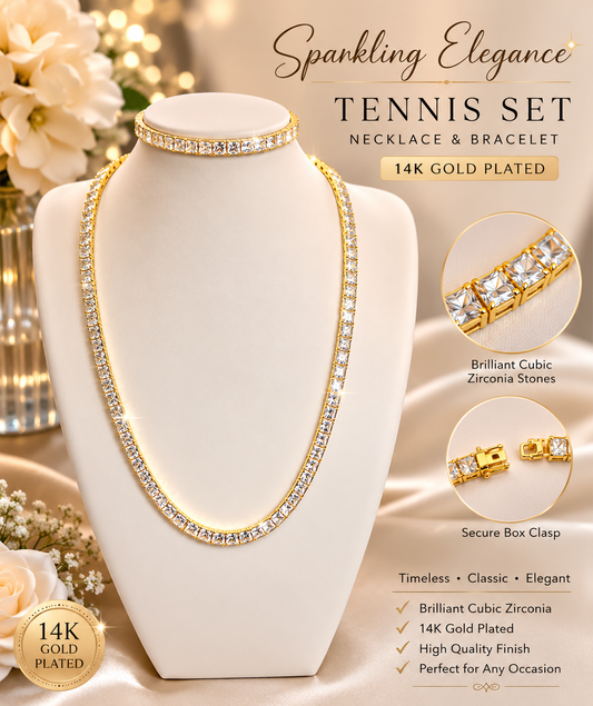 Radiant Tennis Necklace & Bracelet Set – 14K Gold Plated Cubic Zirconia