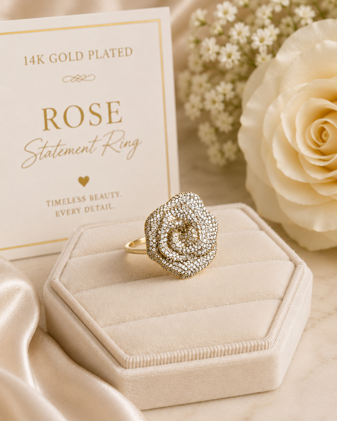 14K Gold Plated CZ Rose Statement Ring