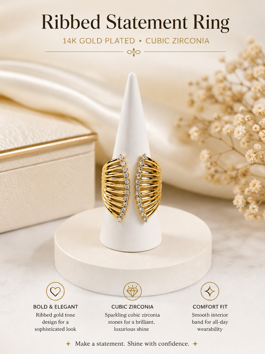 14K Gold Plated Ribbed CZ Statement Ring Adjustable