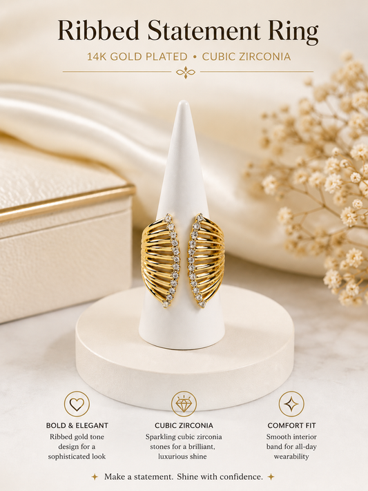14K Gold Plated Ribbed CZ Statement Ring Adjustable