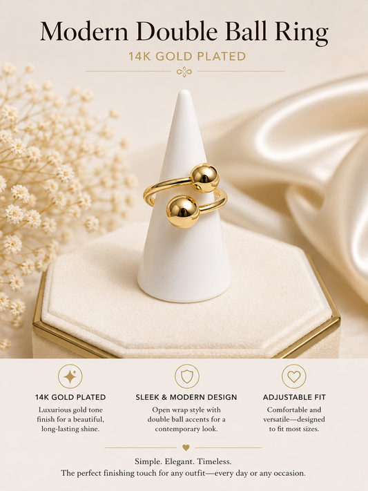 14K Gold Plated Modern Double Ball Adjustable Ring