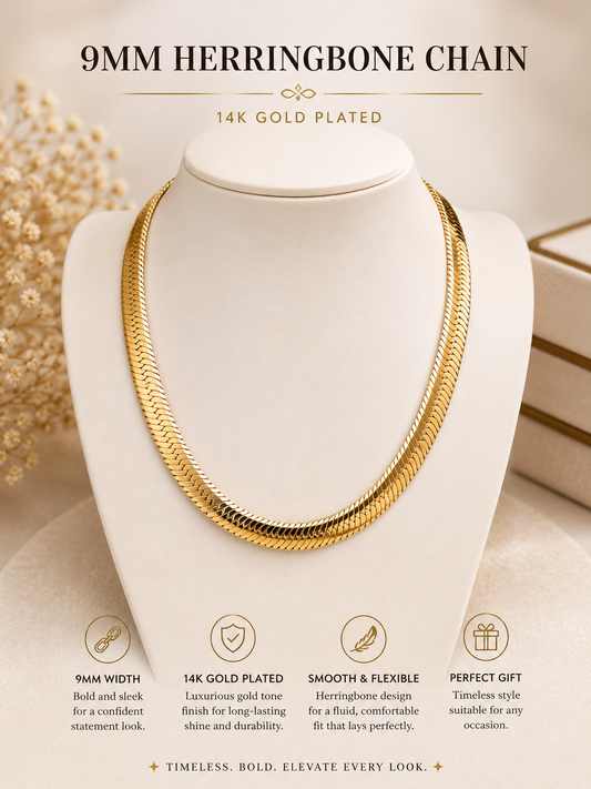 14k Yellow Gold Plated 9mm Herringbone Necklace