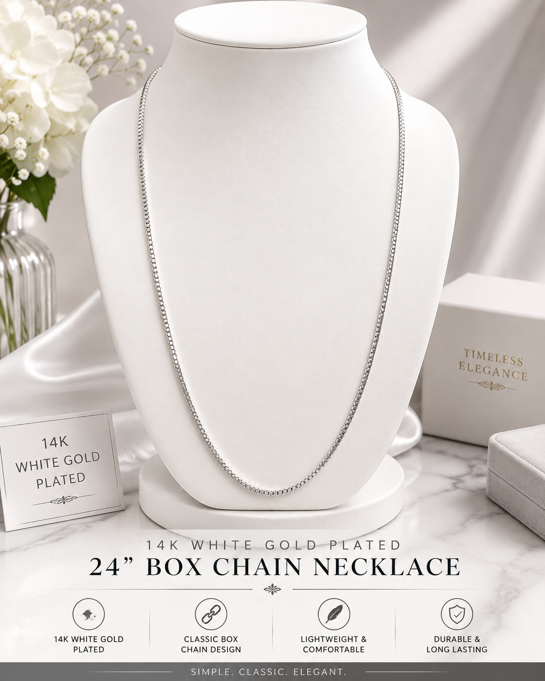 14K White Gold Plated 24” Box Chain Necklace