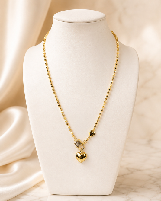 Sparkling Heart 14K Yellow Gold Plated Double Heart Charm Necklace 18”
