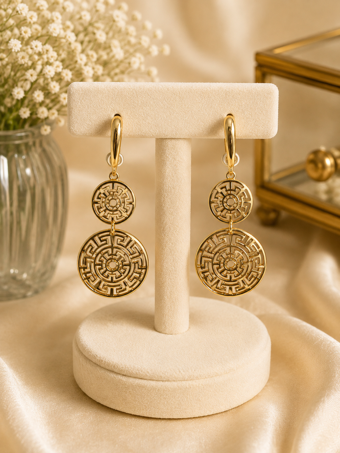 Golden Maze Double Medallion Earrings 14k Gold Plated