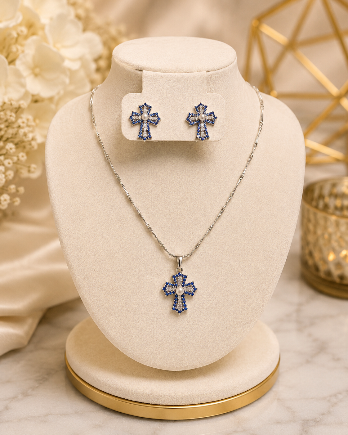 Celeste Cross Necklace & Earrings Set 14k Gold Plated Blue or Clear Cz