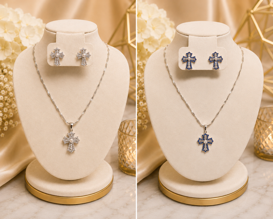 Celeste Cross Necklace & Earrings Set 14k Gold Plated Blue or Clear Cz