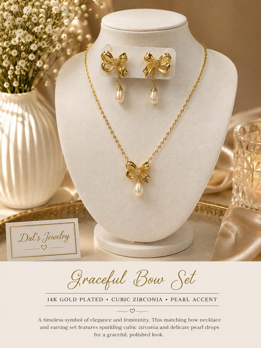 Graceful Bow Necklace & Earrings Jewelry Set 14k Gold Plated