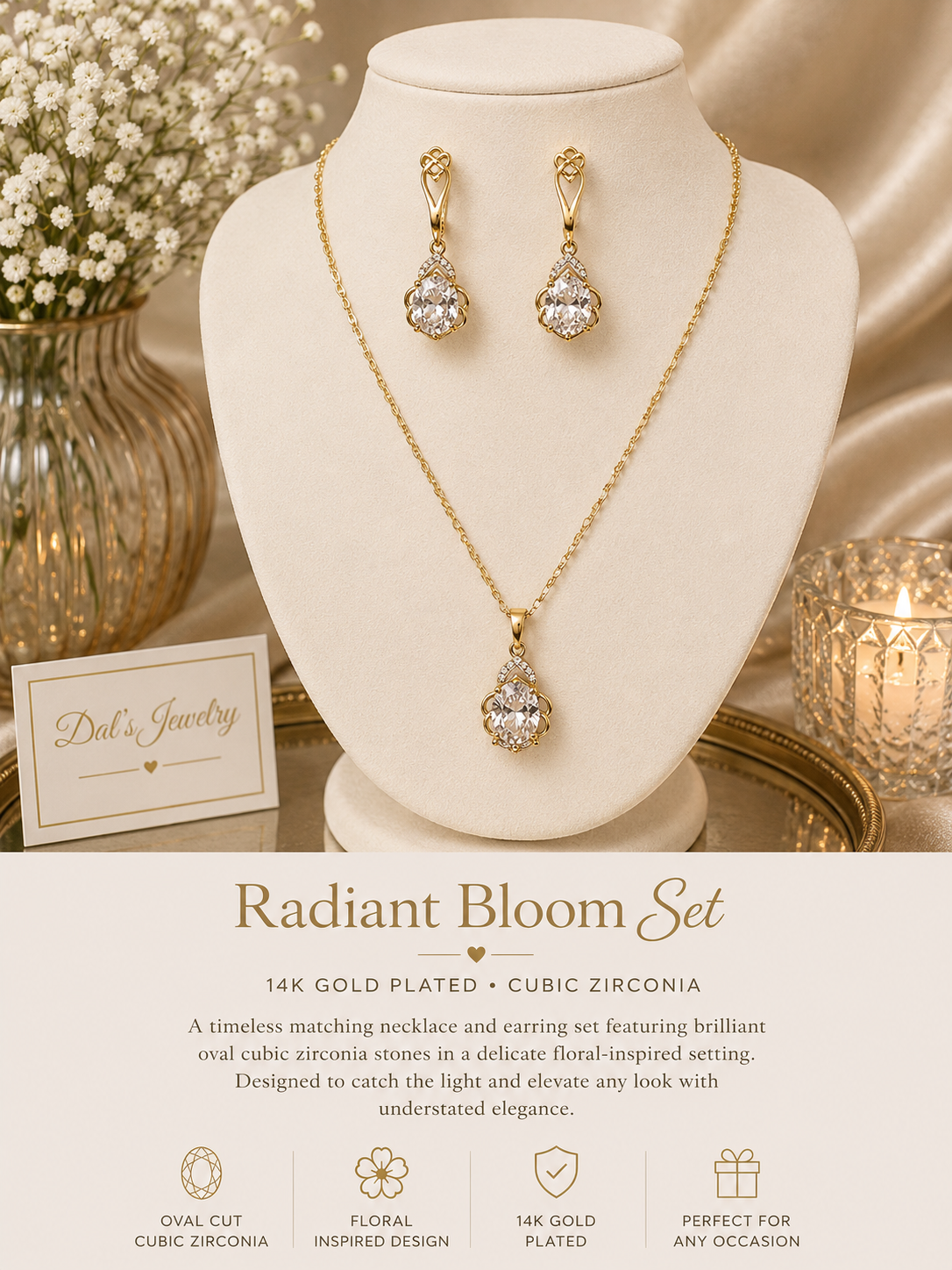 Oval Radiant Bloom Necklace/ Earrings Set 14k Gold Plated