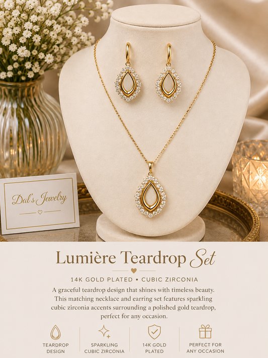 Lumiere Teardrop Sparkle Necklace & Earrings Set 14k Gold Plated