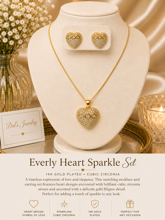 Everly Heart Sparkle Necklace & Earrings Set 14K Gold Plated