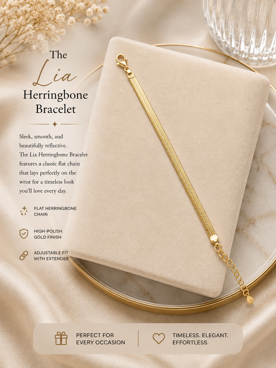 The Lia Herringbone Bracelet up to 9” 14k Gold Plated