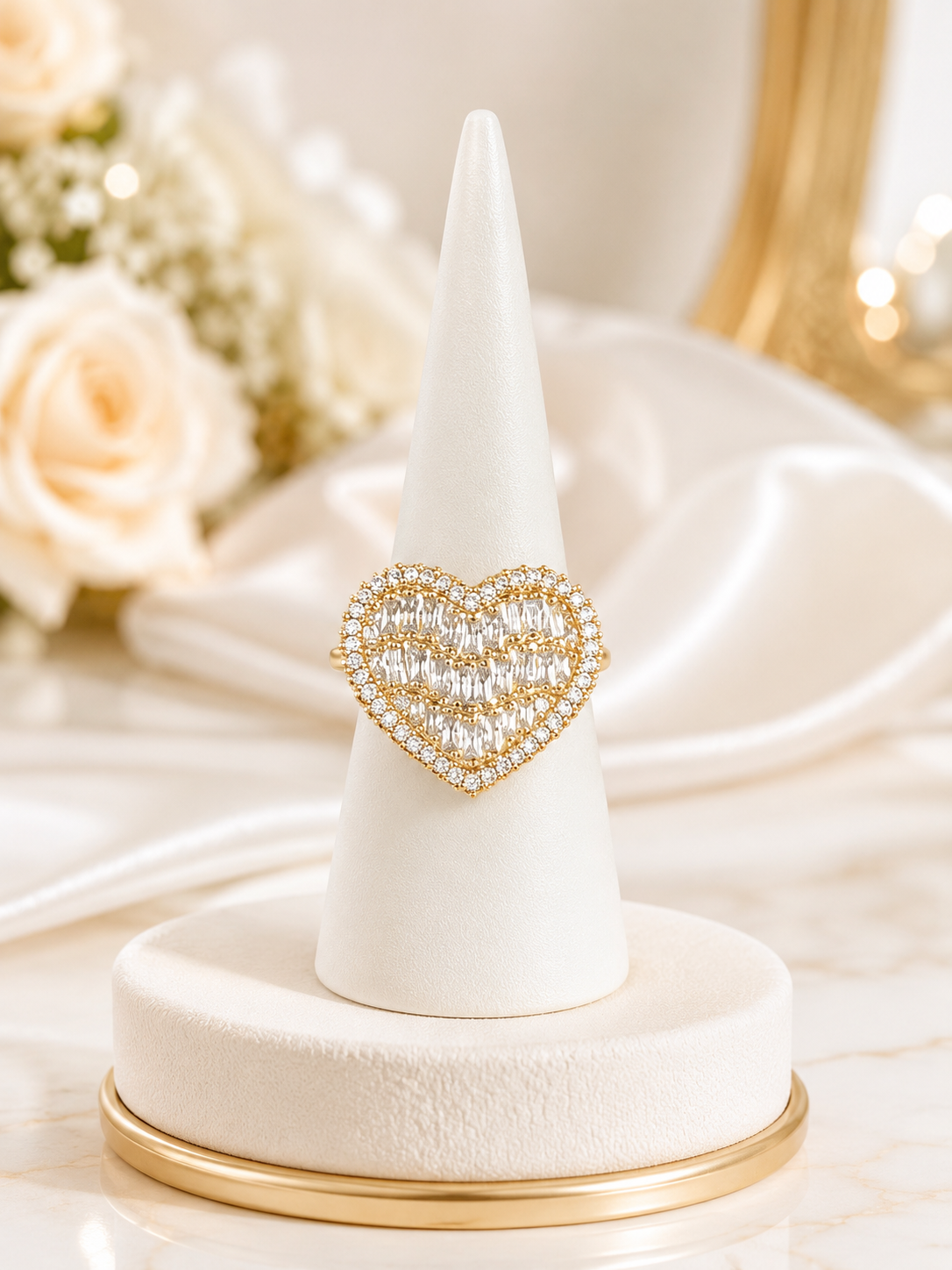 Golden Heart Baguette Sparkle Ring 14k Gold Plated