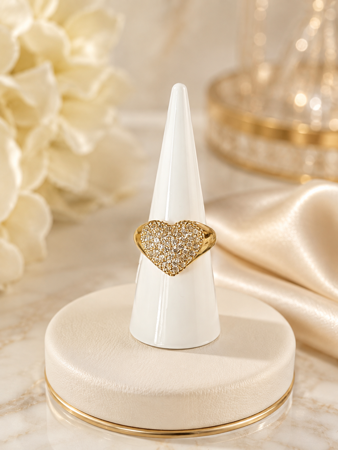 Golden Pavé Heart Statement Ring 14k Gold Plated