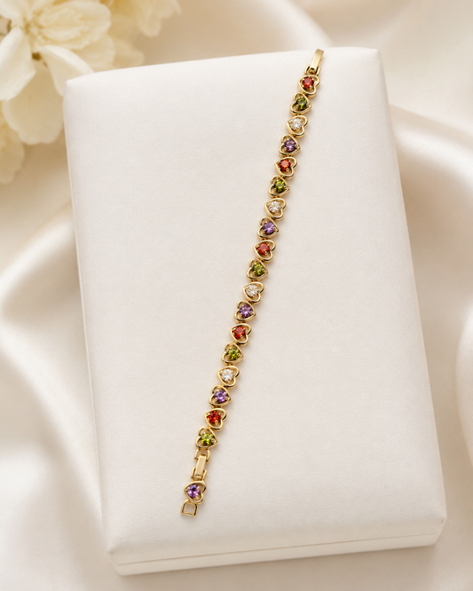 Rainbow Heart Sparkle Bracelet 7.5” 14k Gold Plated