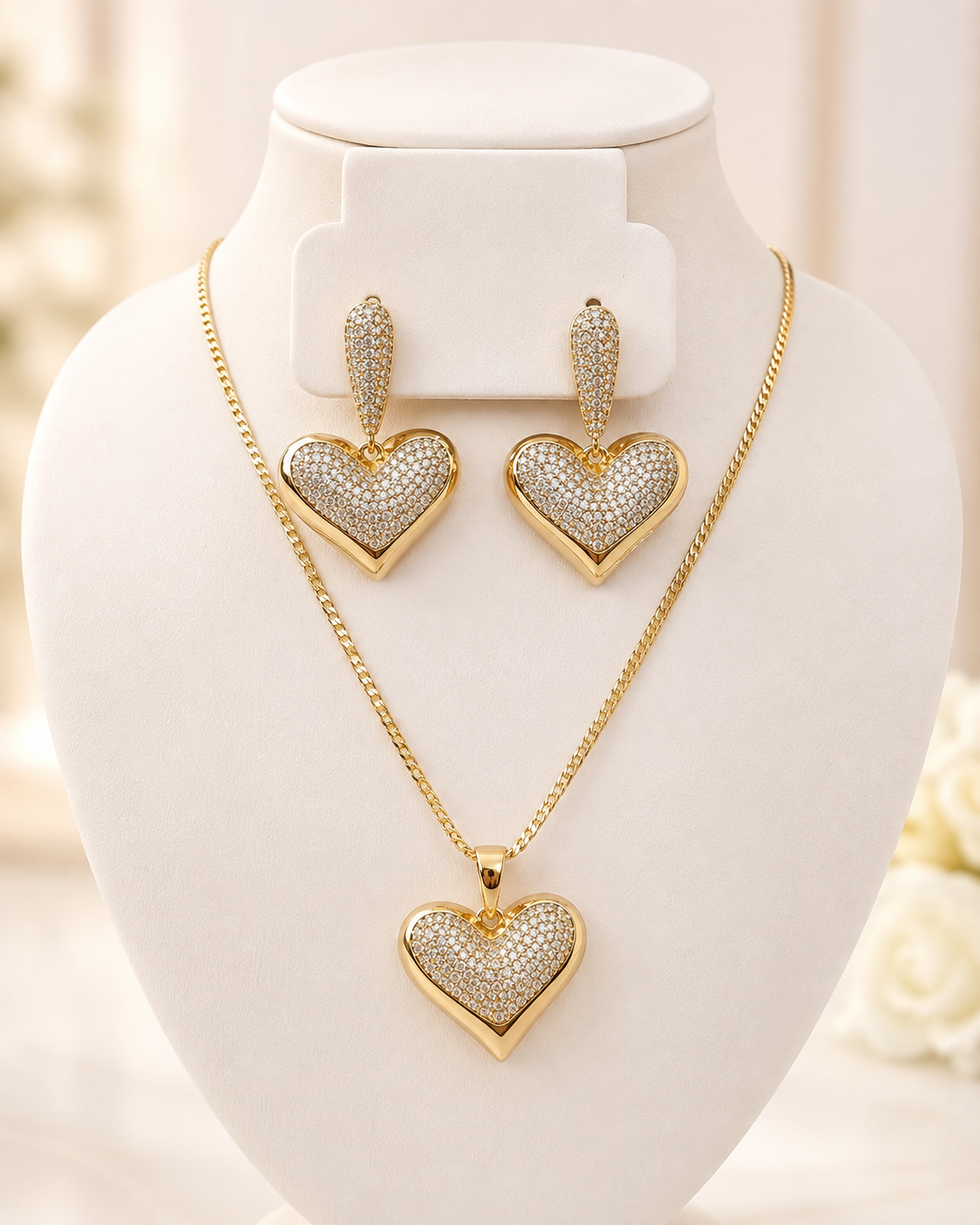 Darling Cz Heart Earring & Necklace Set 14k Gold Plated