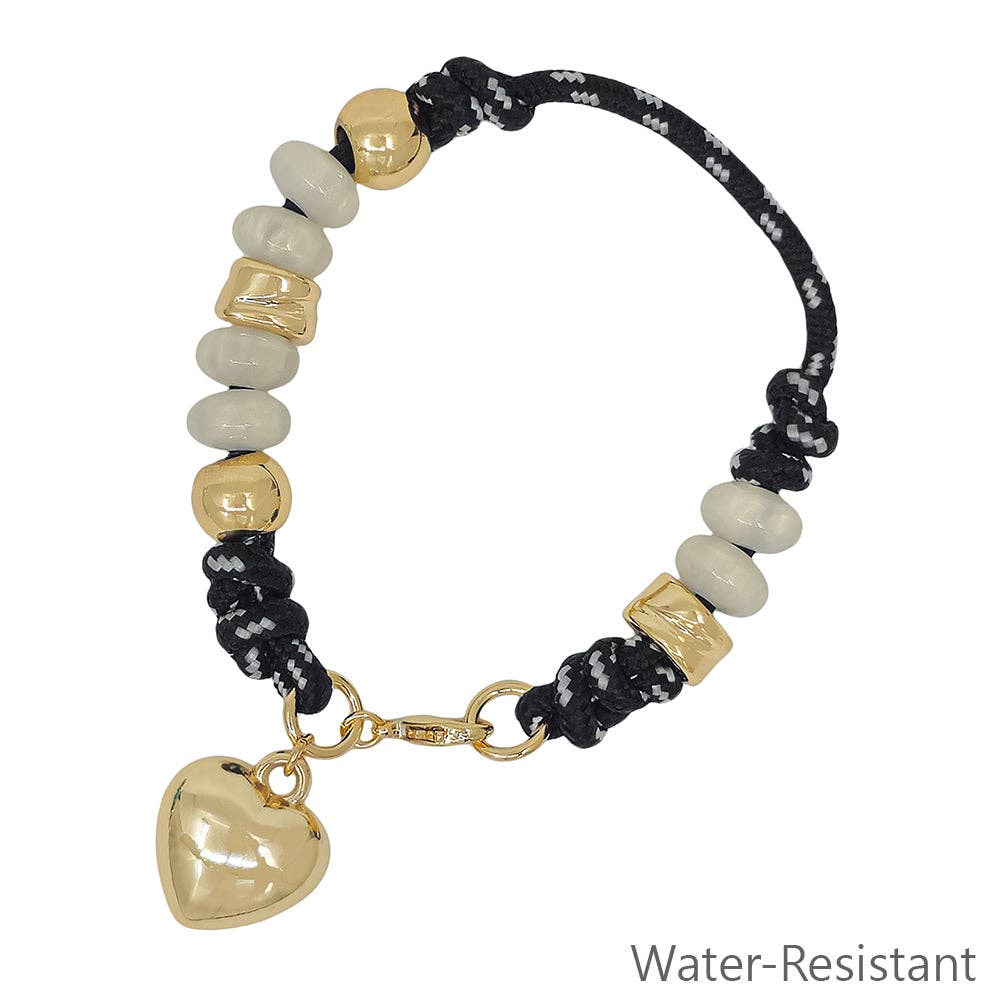White Thread, Hot Pink Thread, or Black Thread with Natural Stone and Gold with Gold Puffy Heart Bracelet